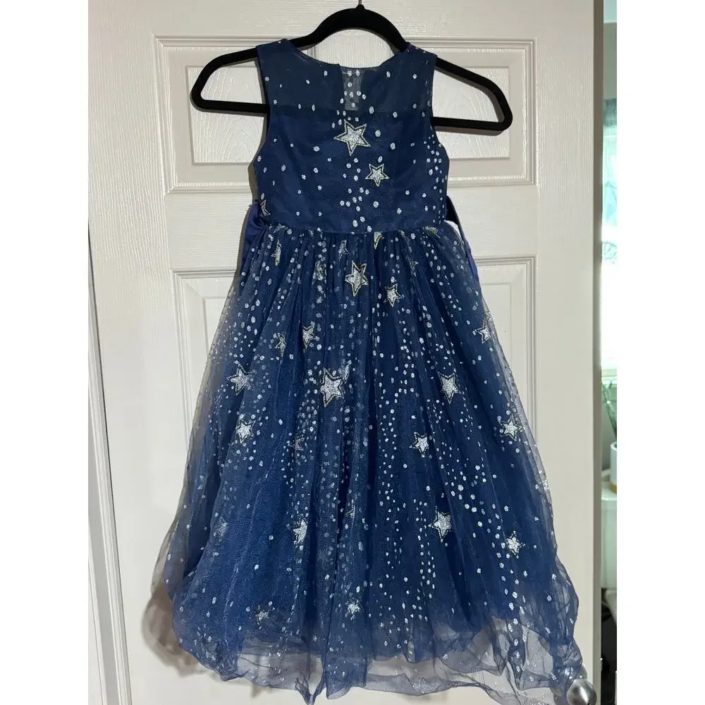 Trish Sully Little Girls Navy Blue Starry Night Silver Stars Tulle Gown size 5